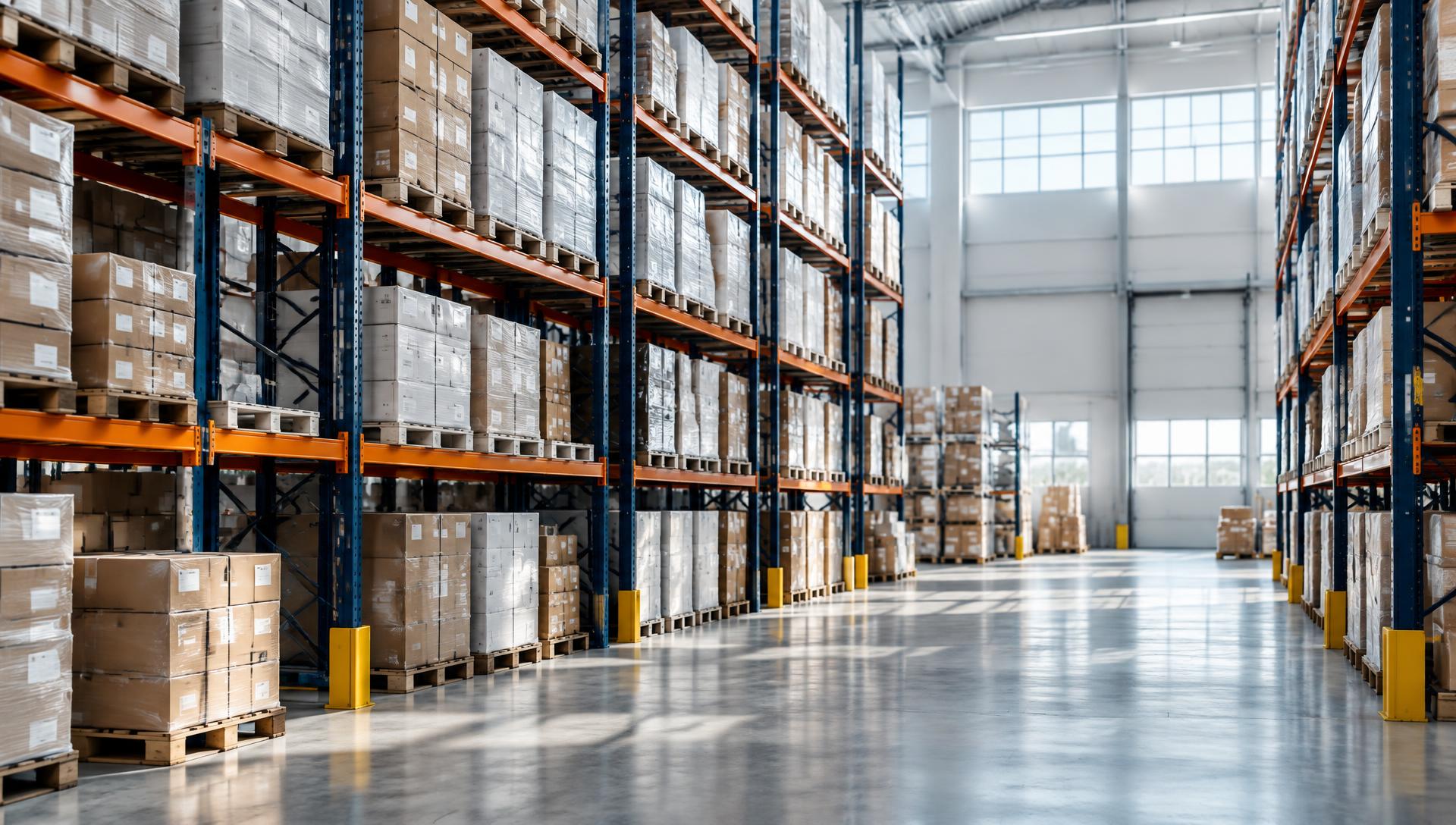 Organized wholesale warehouse with pallets of brand-name products